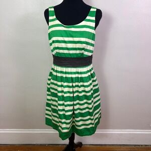 The Limited Green Cream Striped Fit Flare Dress Gray Waistband Pockets, Size 10